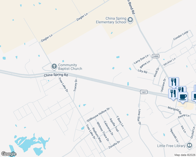 map of restaurants, bars, coffee shops, grocery stores, and more near 11105 China Spring Road in Waco