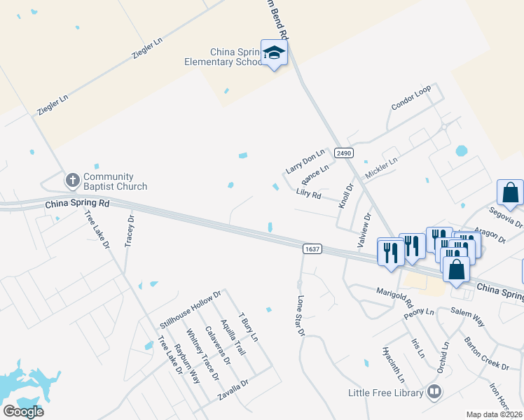 map of restaurants, bars, coffee shops, grocery stores, and more near 10821-10921 Farm to Market Road 1637 in Waco
