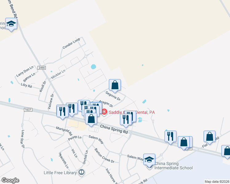 map of restaurants, bars, coffee shops, grocery stores, and more near 10525 Granada Drive in Waco