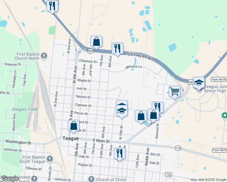 map of restaurants, bars, coffee shops, grocery stores, and more near in Teague