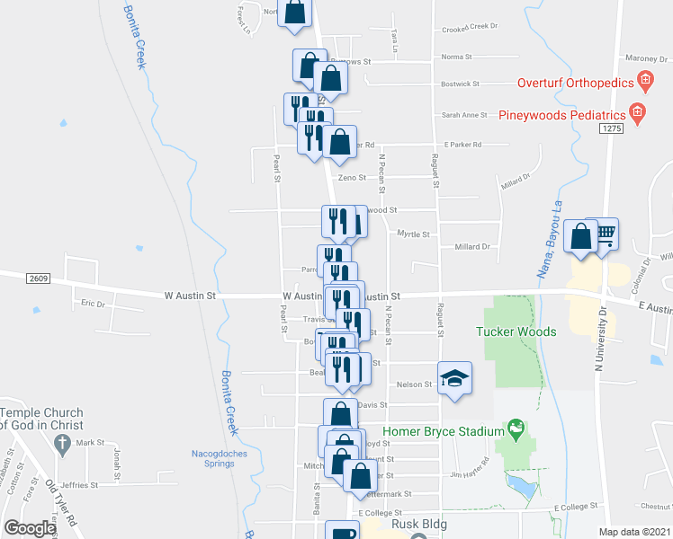 map of restaurants, bars, coffee shops, grocery stores, and more near 222 Parrott Dr in Nacogdoches