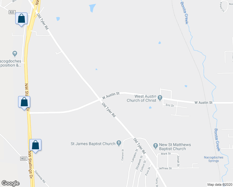 map of restaurants, bars, coffee shops, grocery stores, and more near West Austin Street in Nacogdoches