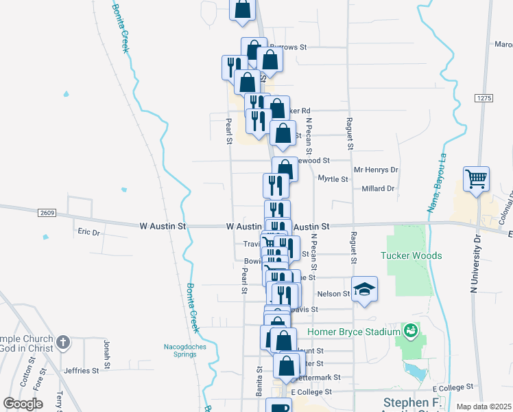map of restaurants, bars, coffee shops, grocery stores, and more near 222 Pearl Street in Nacogdoches