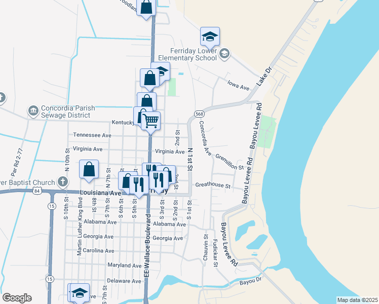 map of restaurants, bars, coffee shops, grocery stores, and more near 107 Virginia Avenue in Ferriday