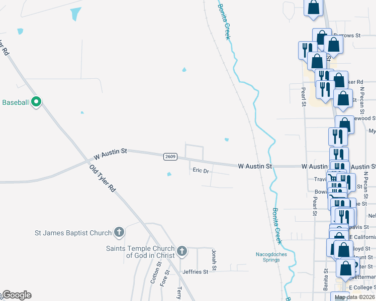 map of restaurants, bars, coffee shops, grocery stores, and more near 1514 Creekside Lane in Nacogdoches