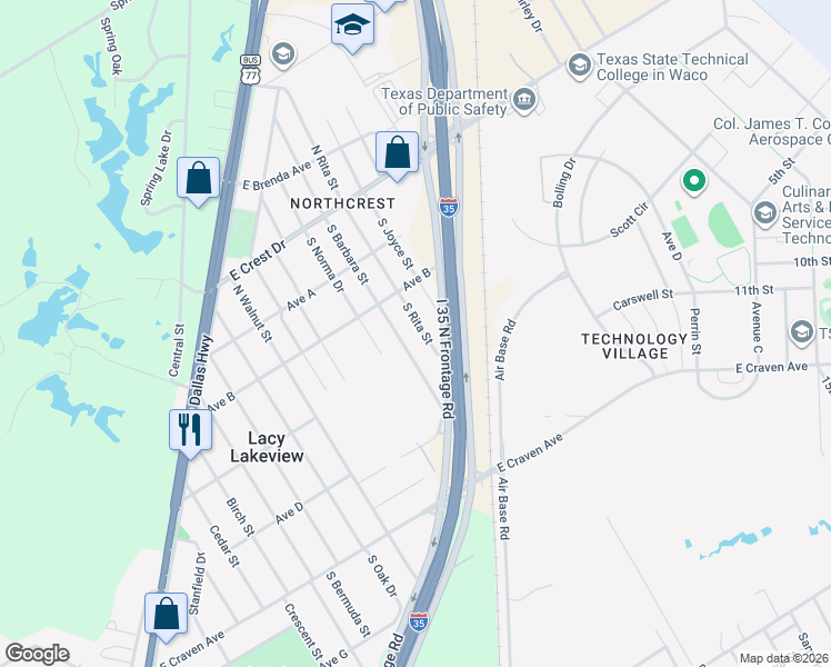 map of restaurants, bars, coffee shops, grocery stores, and more near 307 South Barbara Street in Waco