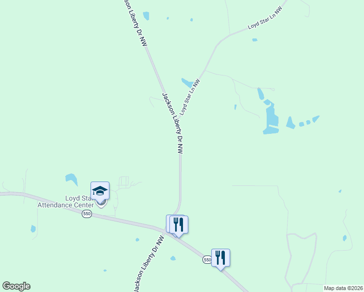 map of restaurants, bars, coffee shops, grocery stores, and more near 2300 Jackson Liberty Drive Northwest in Brookhaven