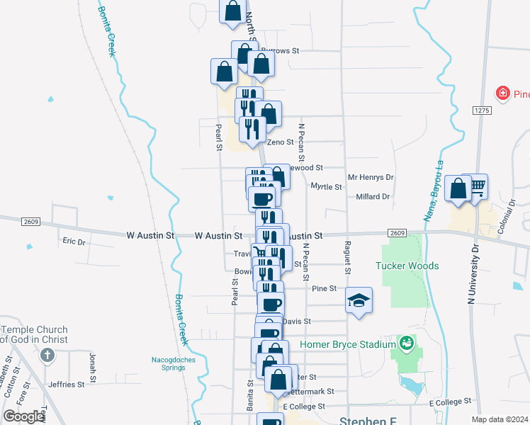 map of restaurants, bars, coffee shops, grocery stores, and more near 222 Parrott Drive in Nacogdoches