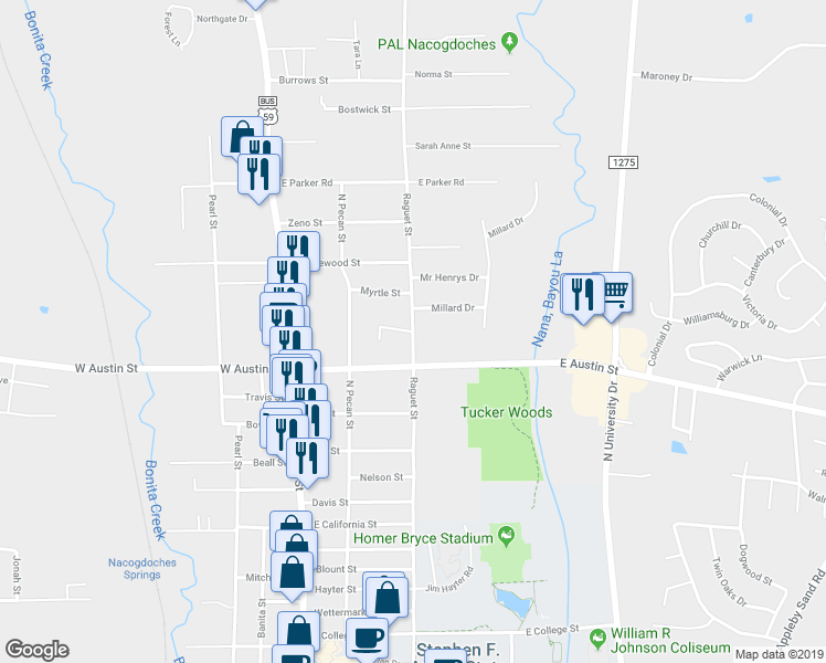 map of restaurants, bars, coffee shops, grocery stores, and more near Raguet Street in Nacogdoches