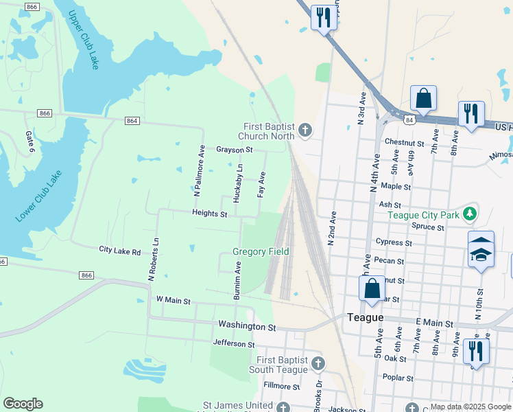 map of restaurants, bars, coffee shops, grocery stores, and more near 180 Fay Avenue in Teague