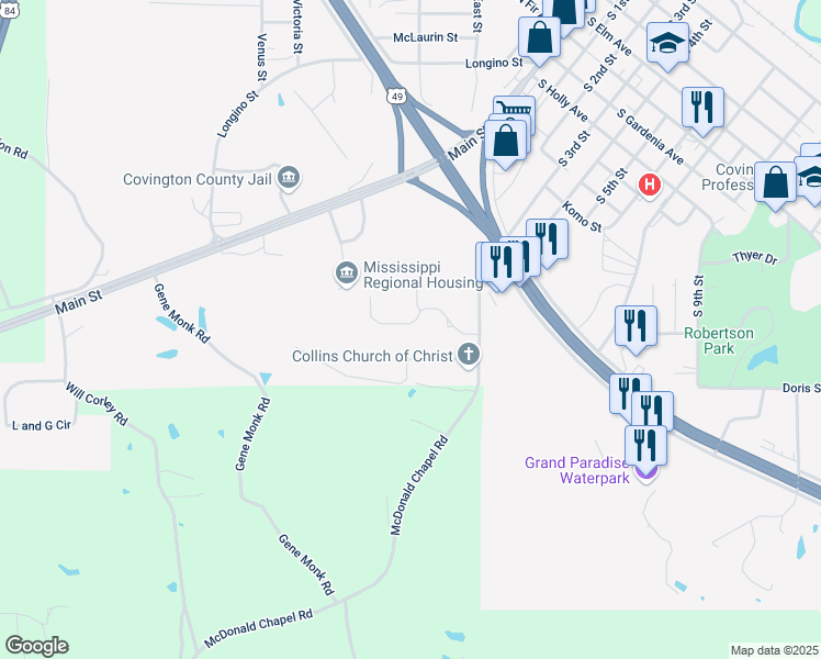 map of restaurants, bars, coffee shops, grocery stores, and more near 63 Thomas Drive in Collins