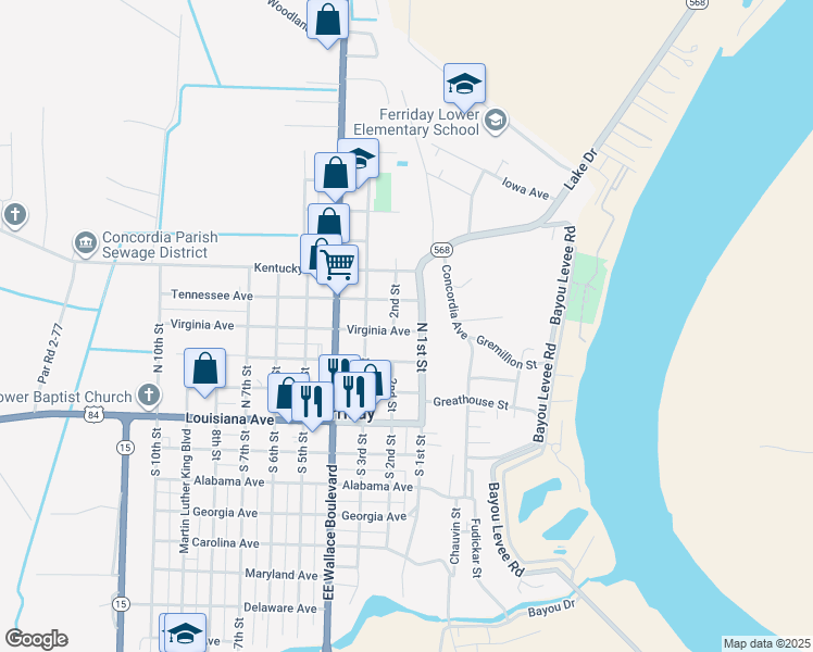 map of restaurants, bars, coffee shops, grocery stores, and more near 107 Virginia Avenue in Ferriday