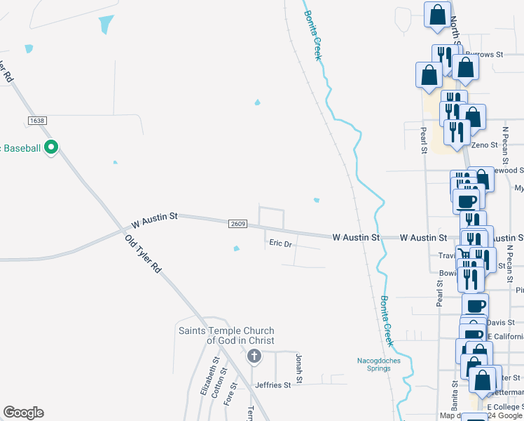 map of restaurants, bars, coffee shops, grocery stores, and more near 1514 Creekside Lane in Nacogdoches