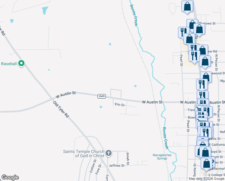 map of restaurants, bars, coffee shops, grocery stores, and more near 1514 Creekside Lane in Nacogdoches