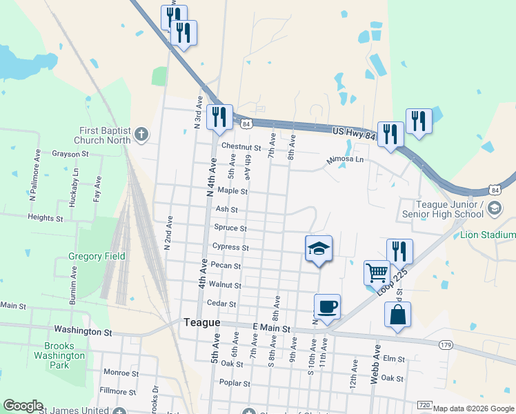 map of restaurants, bars, coffee shops, grocery stores, and more near 608 Maple Street in Teague