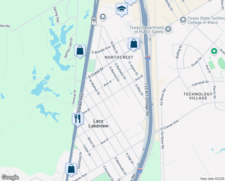 map of restaurants, bars, coffee shops, grocery stores, and more near 207 Susanna Street in Waco