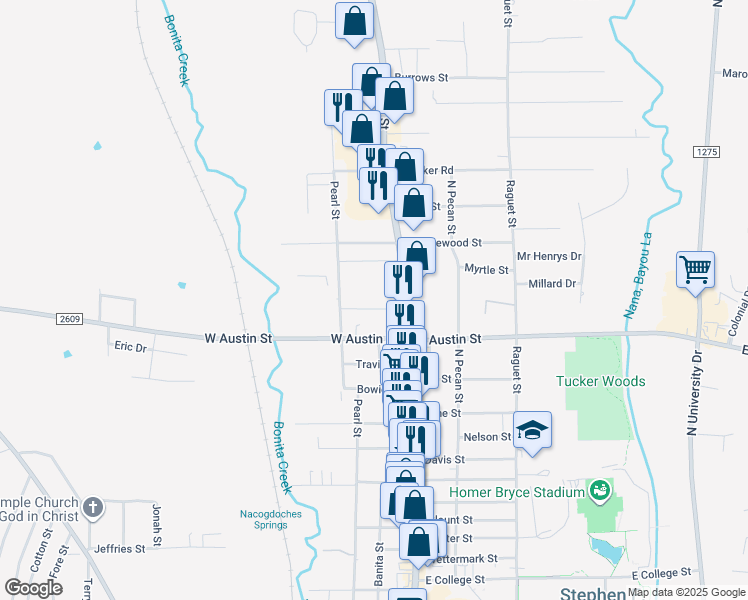 map of restaurants, bars, coffee shops, grocery stores, and more near 222 Pearl Street in Nacogdoches