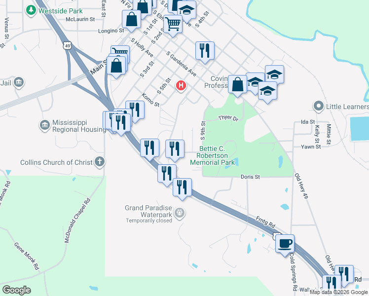 map of restaurants, bars, coffee shops, grocery stores, and more near 112 Pinecrest Street in Collins