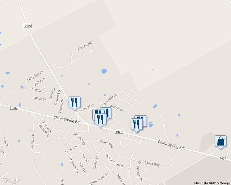 map of restaurants, bars, coffee shops, grocery stores, and more near 10500 Granada Drive in Waco