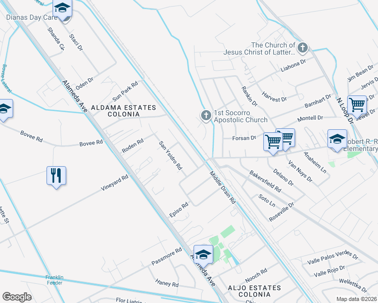 map of restaurants, bars, coffee shops, grocery stores, and more near 11241 Nueva Mission Road in Socorro