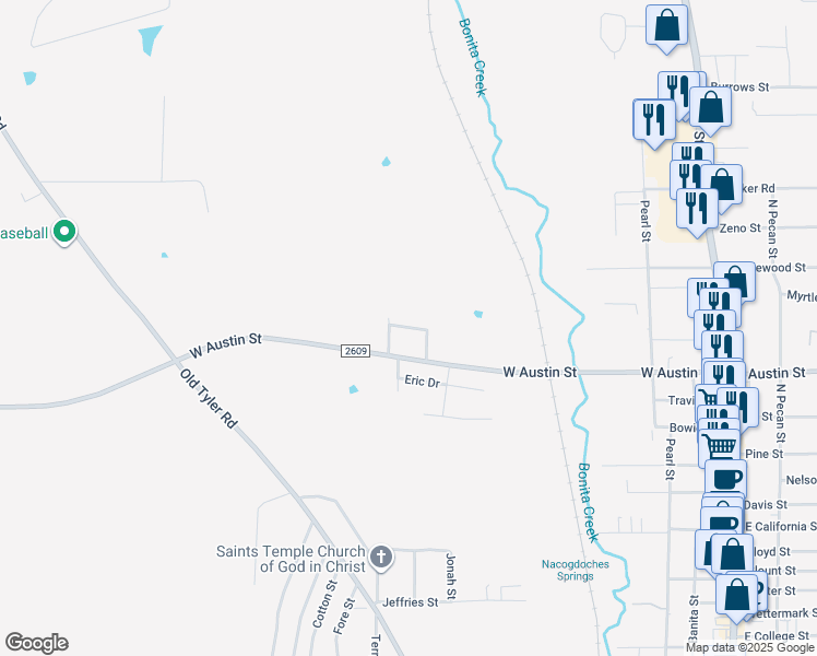 map of restaurants, bars, coffee shops, grocery stores, and more near 1514 Creekside Lane in Nacogdoches