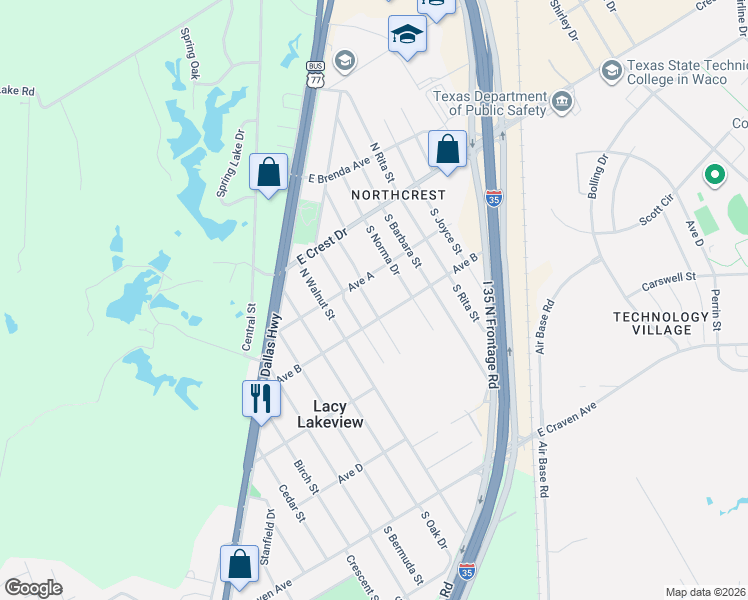 map of restaurants, bars, coffee shops, grocery stores, and more near 207 Susanna Street in Waco