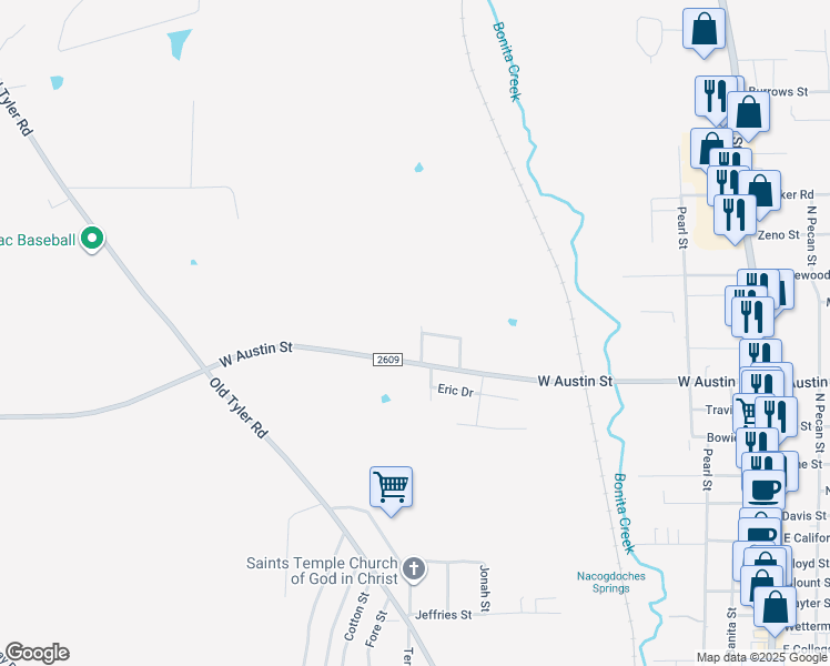 map of restaurants, bars, coffee shops, grocery stores, and more near 3213 Everwood Trail in Nacogdoches