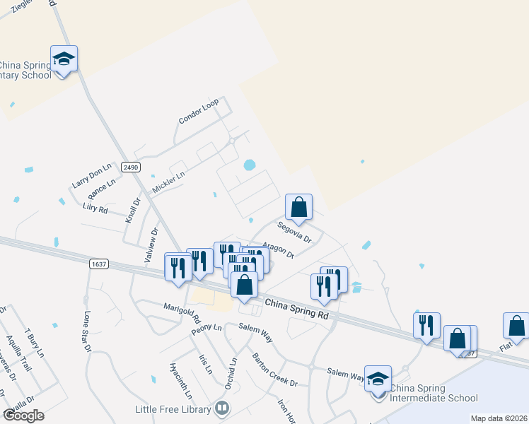 map of restaurants, bars, coffee shops, grocery stores, and more near 10500 Granada Drive in Waco