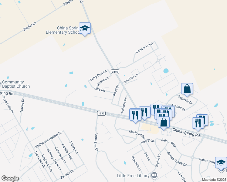 map of restaurants, bars, coffee shops, grocery stores, and more near 4133 Knoll Drive in Waco