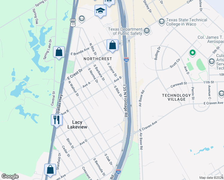 map of restaurants, bars, coffee shops, grocery stores, and more near 307 South Barbara Street in Waco