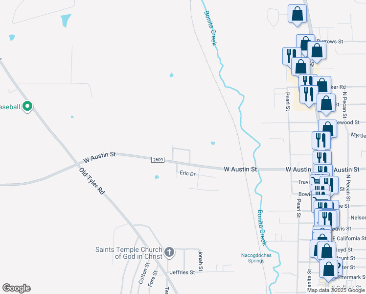 map of restaurants, bars, coffee shops, grocery stores, and more near 1514 Creekside Lane in Nacogdoches