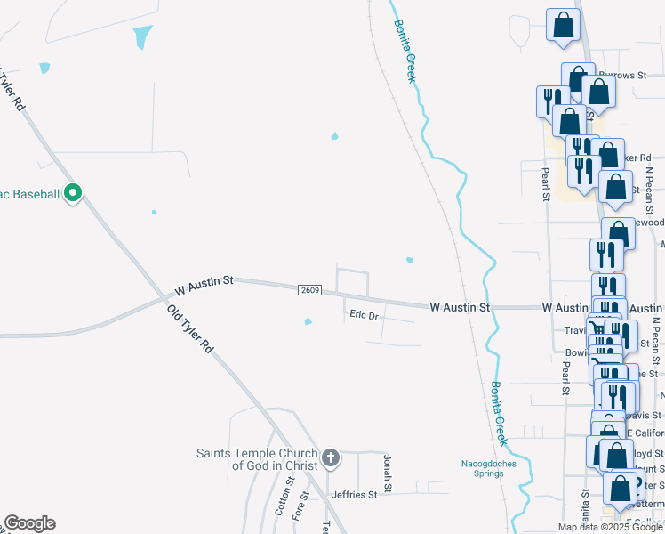 map of restaurants, bars, coffee shops, grocery stores, and more near 3213 Everwood Trail in Nacogdoches