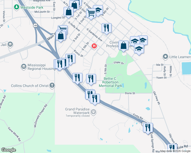 map of restaurants, bars, coffee shops, grocery stores, and more near 112 Pinecrest Street in Collins