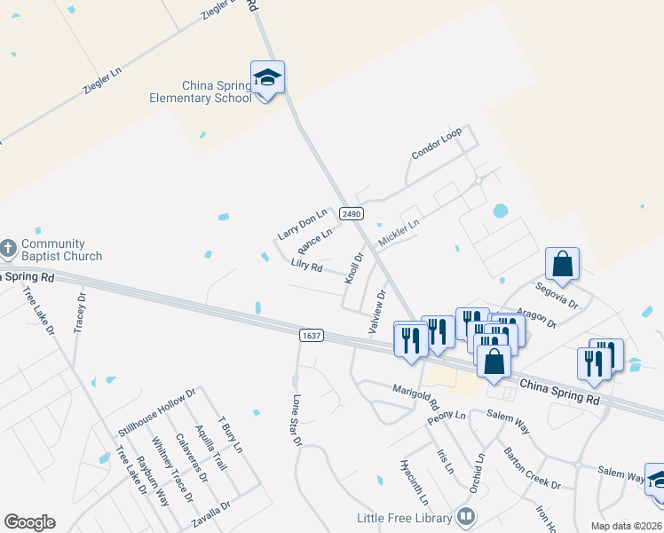 map of restaurants, bars, coffee shops, grocery stores, and more near 4133 Knoll Drive in Waco