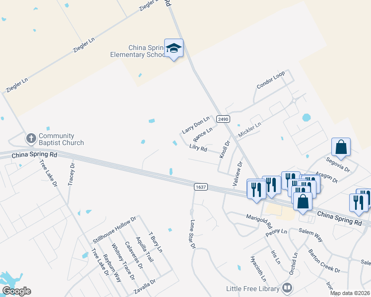 map of restaurants, bars, coffee shops, grocery stores, and more near 10804 Lilry Drive in Waco