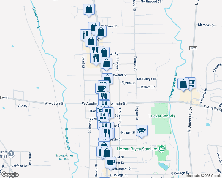 map of restaurants, bars, coffee shops, grocery stores, and more near 3220 North Street in Nacogdoches