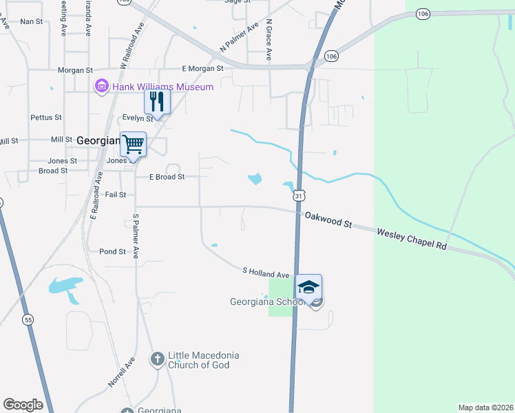 map of restaurants, bars, coffee shops, grocery stores, and more near County Road 16 in Georgiana