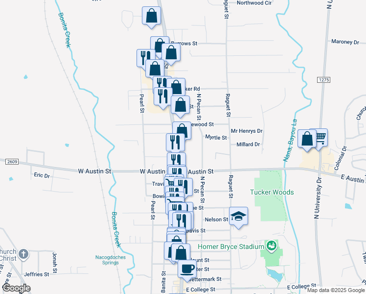 map of restaurants, bars, coffee shops, grocery stores, and more near 3220 North Street in Nacogdoches