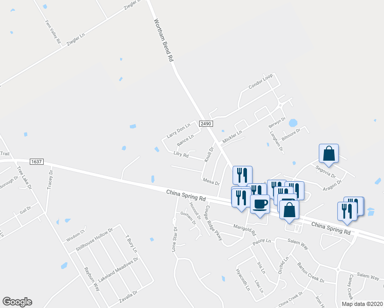 map of restaurants, bars, coffee shops, grocery stores, and more near 4404 Lacey Circle in Waco