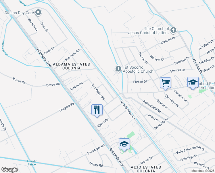 map of restaurants, bars, coffee shops, grocery stores, and more near 11241 Nueva Mission Road in Socorro