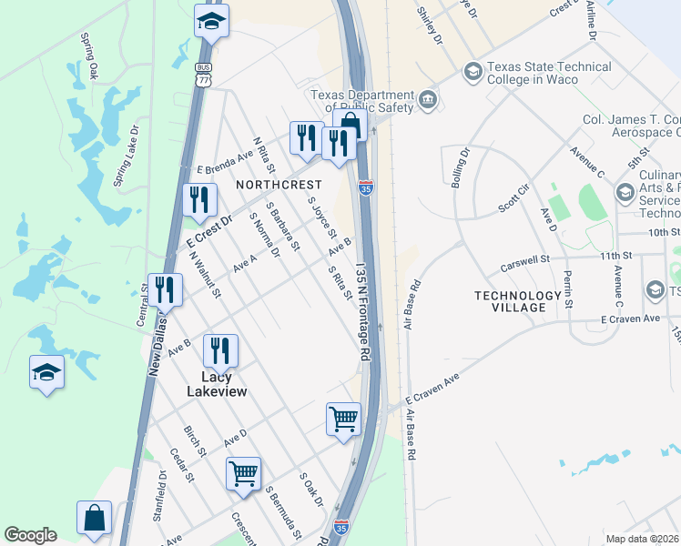 map of restaurants, bars, coffee shops, grocery stores, and more near 314 South Joyce Street in Waco