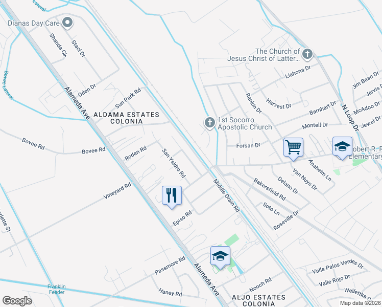 map of restaurants, bars, coffee shops, grocery stores, and more near 11241 Nueva Mission Road in Socorro