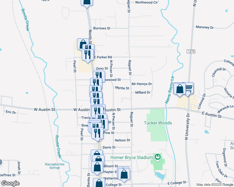 map of restaurants, bars, coffee shops, grocery stores, and more near 3302 North Pecan Street in Nacogdoches