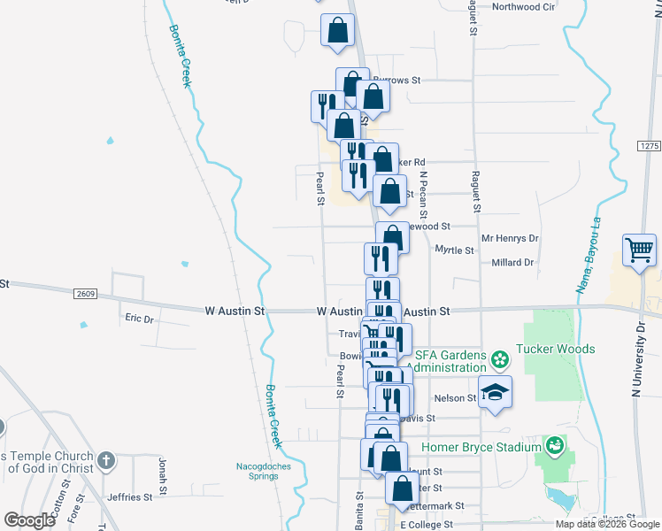 map of restaurants, bars, coffee shops, grocery stores, and more near 3211 Pearl Street in Nacogdoches