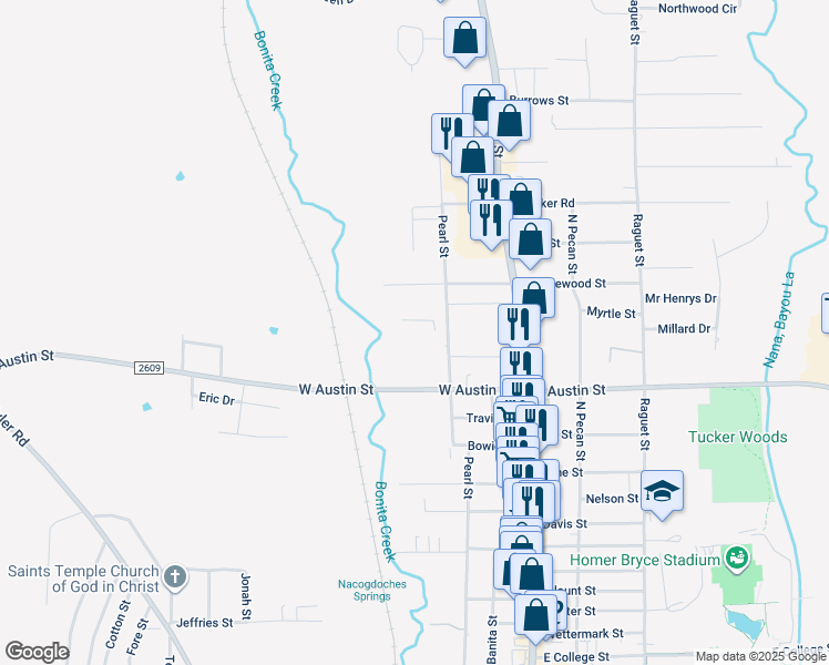 map of restaurants, bars, coffee shops, grocery stores, and more near 3211 Pearl Street in Nacogdoches