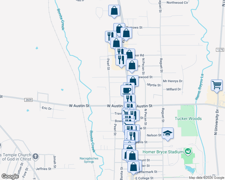 map of restaurants, bars, coffee shops, grocery stores, and more near 222 Pearl Street in Nacogdoches