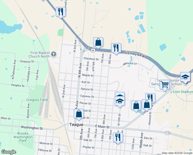 map of restaurants, bars, coffee shops, grocery stores, and more near 608 Maple Street in Teague