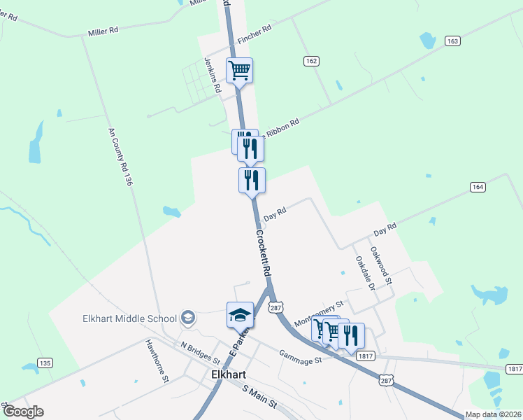 map of restaurants, bars, coffee shops, grocery stores, and more near 206 Texas 19 in Elkhart