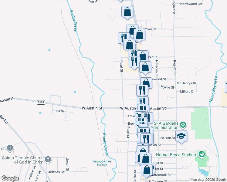map of restaurants, bars, coffee shops, grocery stores, and more near 3402 Huntington Circle in Nacogdoches