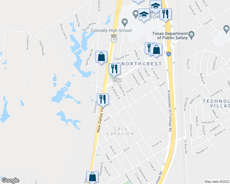 map of restaurants, bars, coffee shops, grocery stores, and more near 508 North Walnut Street in Waco